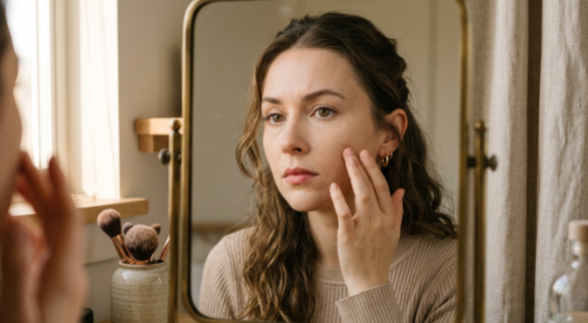 A woman examining her cheek texture in a vanity mirror while wondering why does my makeup look dry.