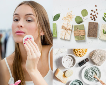 Split image showing a woman cleansing her face with a cotton pad alongside artisanal soaps and natural skincare ingredients, representing Fall 2026 Beauty Trends.
