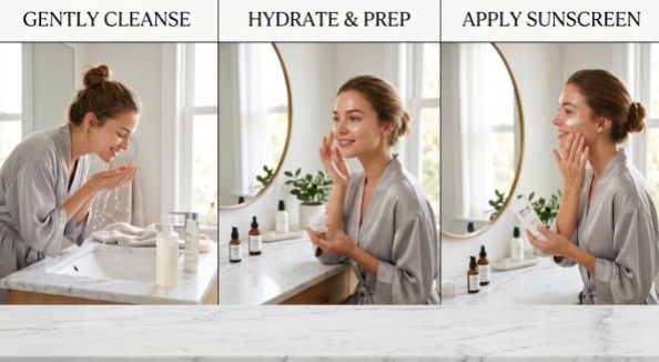 A 3-step morning skincare routine showing gentle cleansing, hydrating skin prep, and daily sunscreen application to answer why does my makeup look dry.