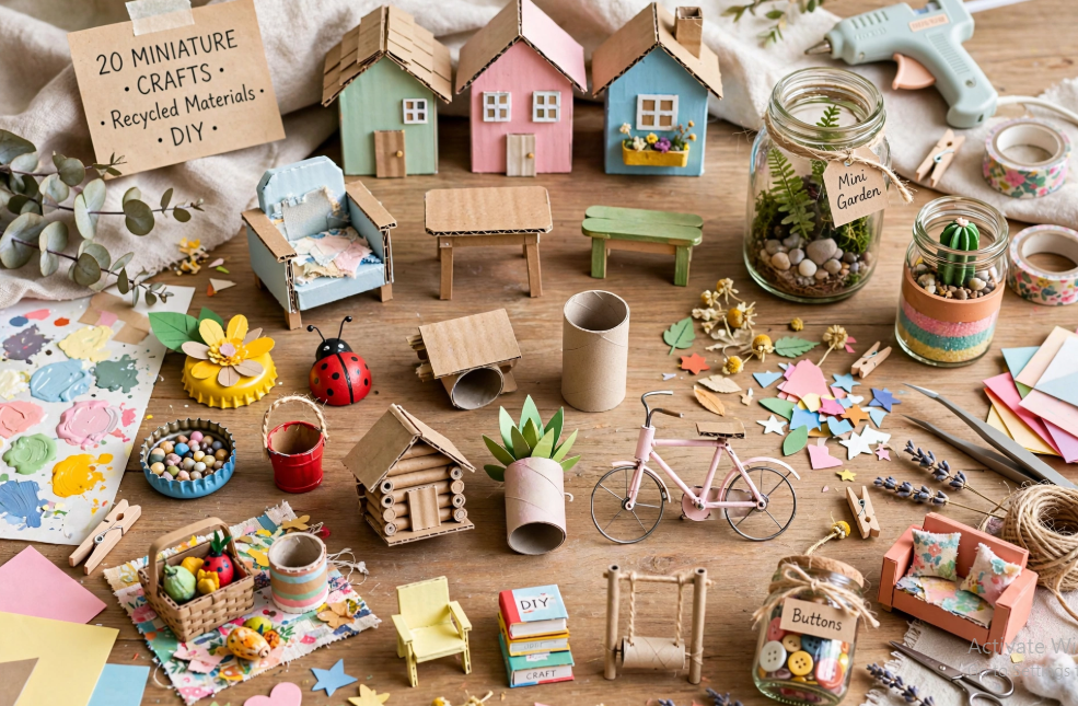 A flat-lay display of DIY miniature crafts from recycled materials, including cardboard houses, tiny paper furniture, a wire bicycle, bottle-cap decorations, and jar terrariums arranged on a wooden table with craft supplies.