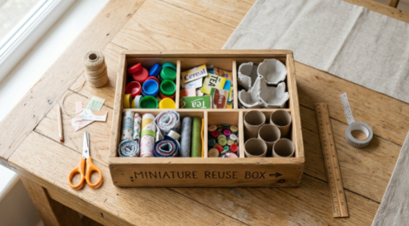 A wooden "Miniature Reuse Box" filled with recycled materials for crafts, including plastic bottle caps, cardboard food boxes, egg carton cups, fabric rolls, buttons, and cardboard tubes, displayed on a wooden table with scissors, twine, and a ruler.