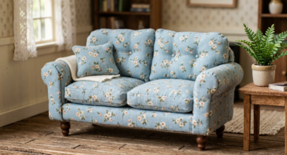 A dollhouse living room scene featuring miniature crafts from recycled materials, showing a handmade floral blue sofa with cushions next to a potted plant and a wooden side table.