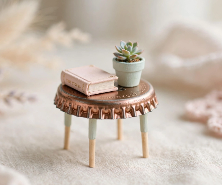 DIY miniature table made from an upcycled copper bottle cap and matchstick legs, holding a tiny book and succulent plant as miniature crafts from recycled materials.