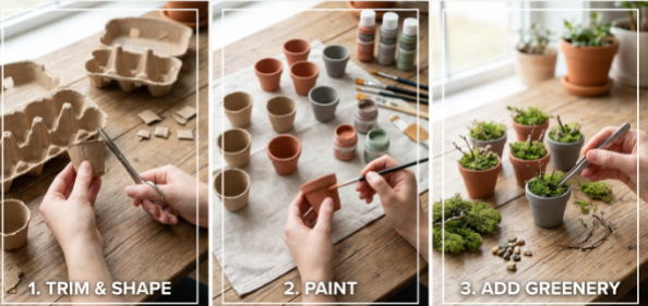 Step-by-step tutorial showing how to make miniature crafts from recycled materials by trimming, painting, and adding greenery to egg carton cups to create tiny plant pots.   
JPG