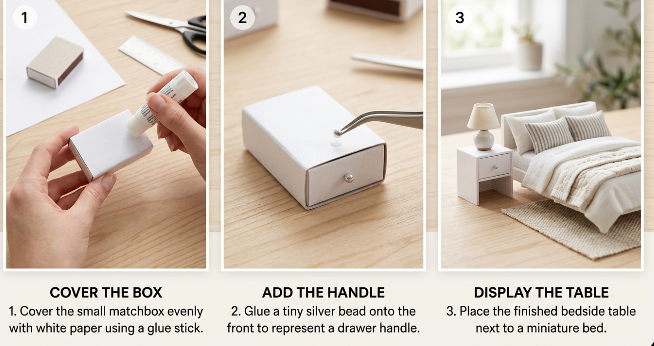 Step-by-step tutorial showing how to make miniature crafts from recycled materials, demonstrating how to turn a matchbox into a bedside table by covering it with paper, adding a bead handle, and placing it in a dollhouse bedroom.   
JPG