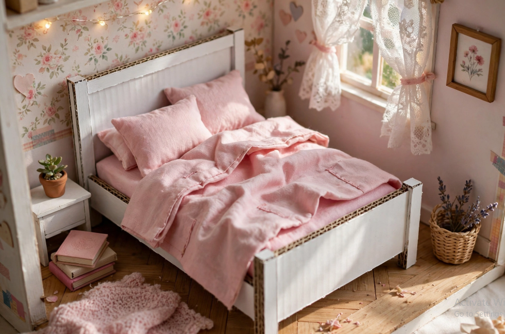 A cozy dollhouse bedroom featuring miniature crafts from recycled materials, including a cardboard bed frame with pink fabric bedding, a matchbox nightstand, and miniature room decor.   
