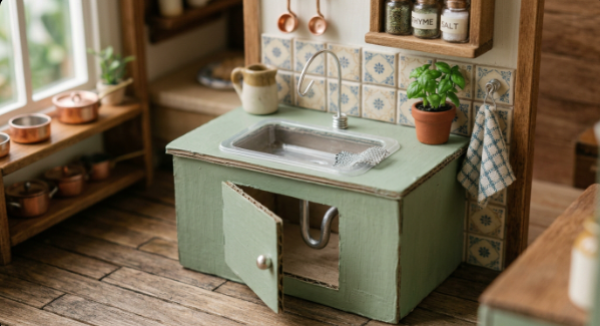 DIY dollhouse kitchen sink crafted from painted green cardboard, featuring a foil tray basin and paper clip faucet as miniature crafts from recycled materials.   
JPG