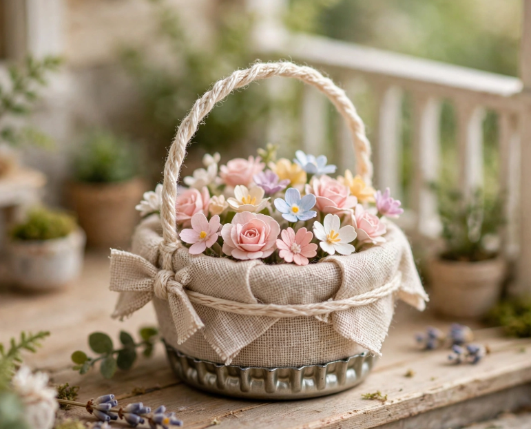 A tiny flower basket made from a metal bottle cap, burlap fabric, and twine handle filled with pastel miniature flowers, showing creative miniature crafts from recycled materials.   