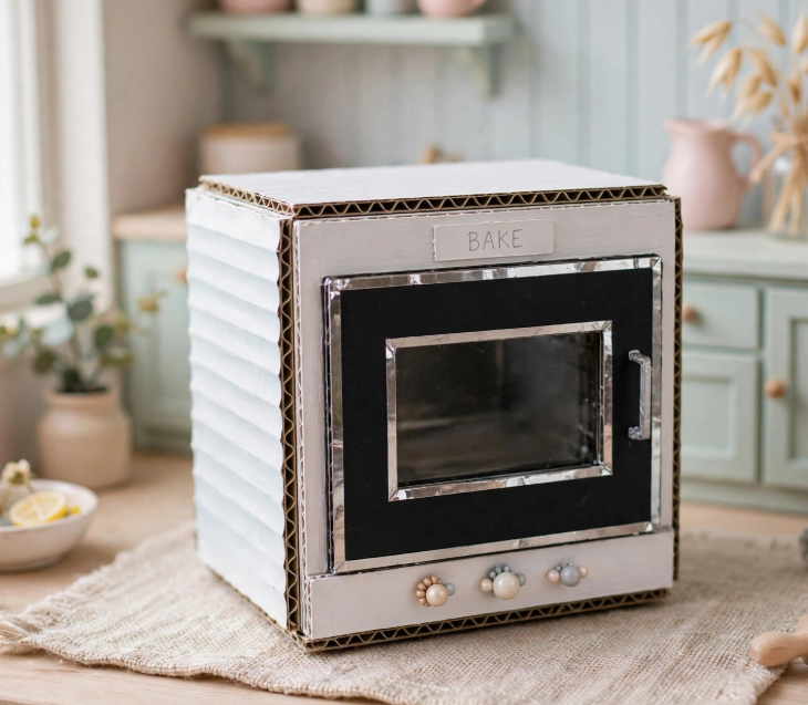 A DIY dollhouse baking oven crafted from corrugated cardboard, clear plastic, and bead knobs as miniature crafts from recycled materials.   
JPG