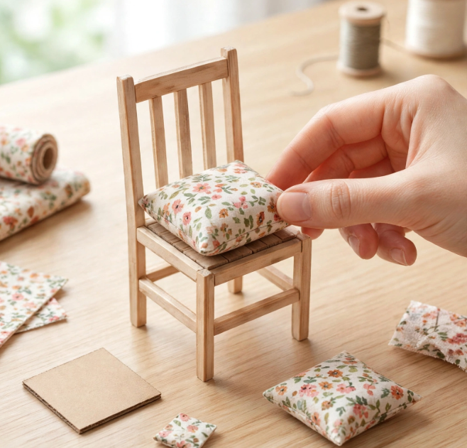 A wooden dollhouse chair being styled with tiny handmade floral cushions and cardboard bases as miniature crafts from recycled materials.   