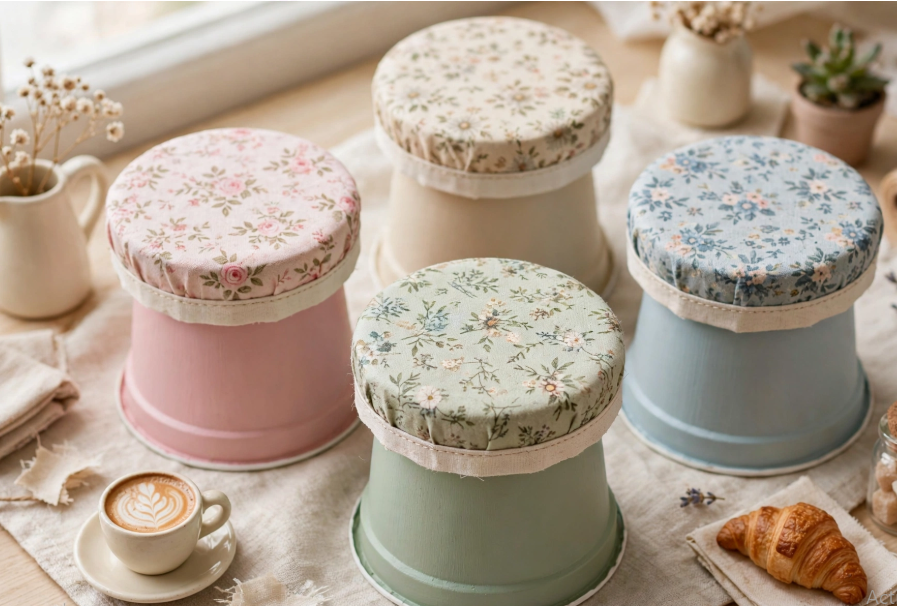 Four pastel painted upcycled containers topped with floral fabric cushions to create miniature café stools as miniature crafts from recycled materials.   
JPG