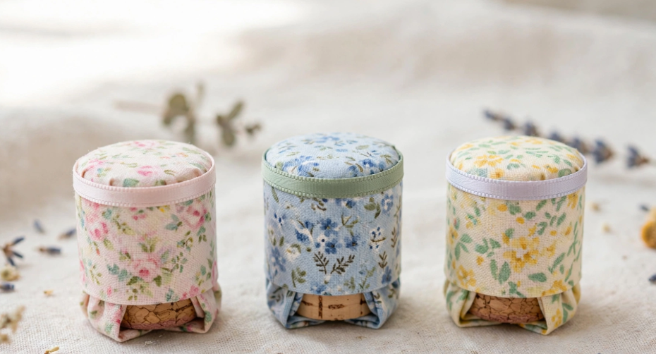 Three tiny dollhouse ottomans made from upcycled wine corks wrapped in floral fabric and ribbon as miniature crafts from recycled materials.   