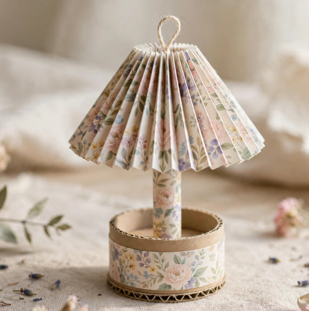A miniature table lamp with a pleated floral paper shade and cardboard base, showcasing creative miniature crafts from recycled materials.   