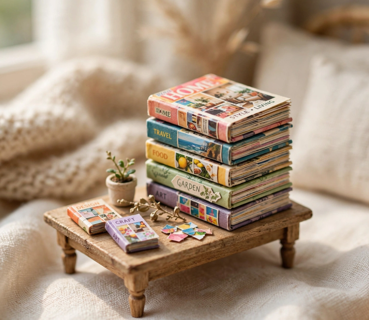 A stack of tiny handmade books with magazine covers displayed on a wooden miniature coffee table, showcasing miniature crafts from recycled materials.   