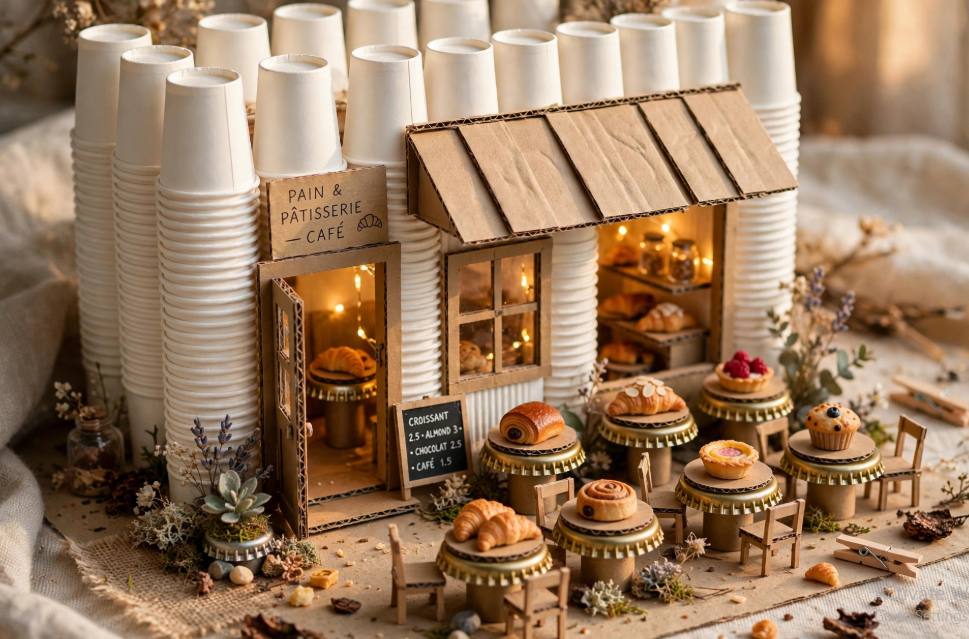 A miniature French bakery and café storefront built from stacked paper cups and corrugated cardboard, featuring outdoor patio tables topped with tiny clay pastries as miniature crafts from recycled materials.   