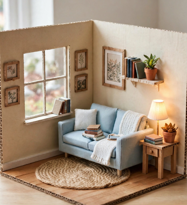 A miniature dollhouse living room dioroma built inside a cardboard box frame, featuring a tiny blue sofa, side table with lamp, wall shelf, and jute rug as miniature crafts from recycled materials.   

