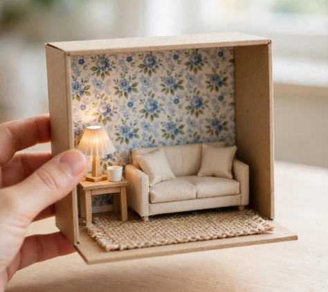 A handheld miniature living room diorama built inside a cardboard box with floral wallpaper, a tiny cream sofa, side table with glowing lamp, and burlap rug as miniature crafts from recycled materials.   
