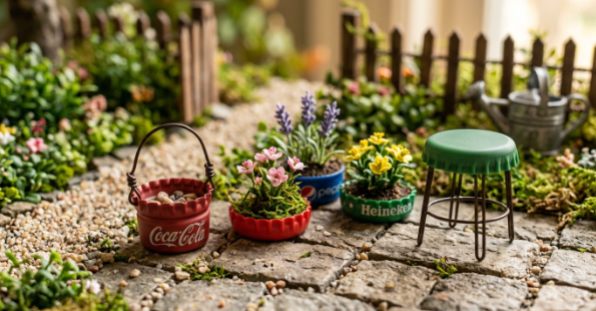 A miniature garden pathway lined with bottle-cap plant pots, a tiny Coca-Cola bucket, and a bottle-cap stool as miniature crafts from recycled materials.   
