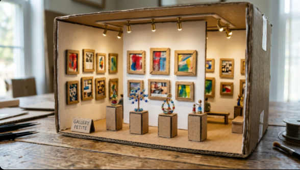 A miniature art gallery diorama named "Gallery Petite" built inside a cardboard box, featuring framed tiny paintings, beaded sculptures on display plinths, and overhead track lighting as miniature crafts from recycled materials.   
JPG