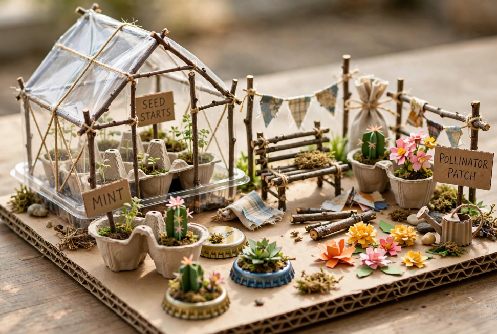 A rustic miniature garden diorama featuring miniature crafts from recycled materials, with a twig-and-plastic greenhouse, egg-carton planters, bottle-cap succulent pots, and a twig bench on a cardboard base.   