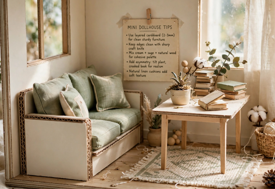 A miniature cardboard living room setting featuring a sage green sofa, wooden craft table with tiny books, and a dollhouse tips poster, showcasing miniature crafts from recycled materials.   