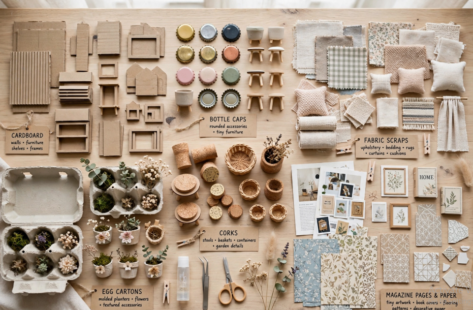 A flat-lay guide organizing miniature crafts from recycled materials by item type, including cardboard cutouts, bottle caps, fabric scraps, egg cartons, corks, and magazine paper cutouts.   