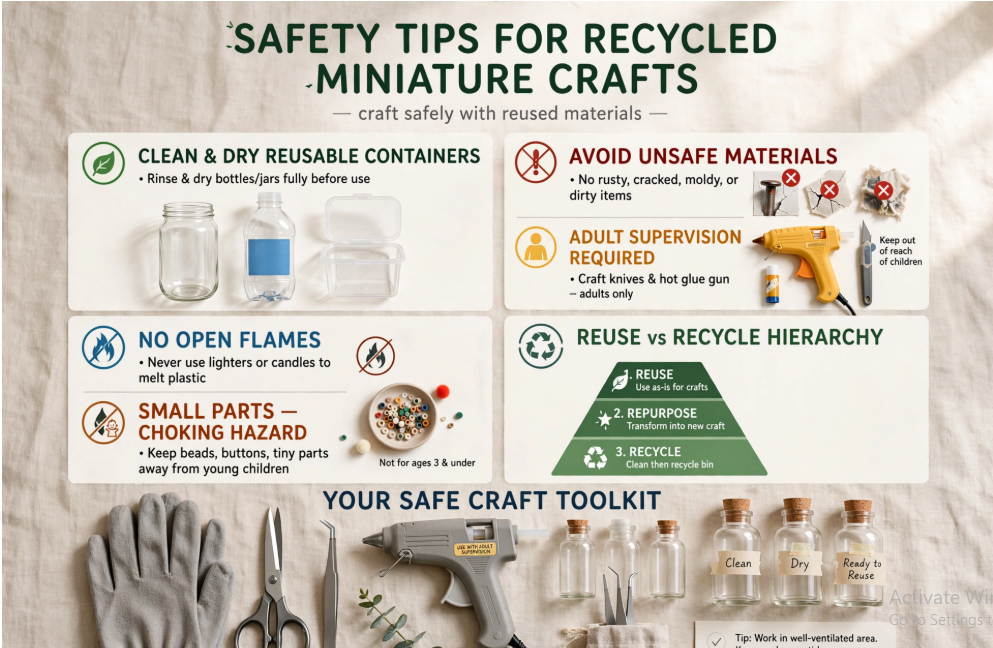 An infographic outlining essential safety tips and a toolkit for making miniature crafts from recycled materials, covering material cleaning, tool precautions, choking hazards, and reuse guidelines.   