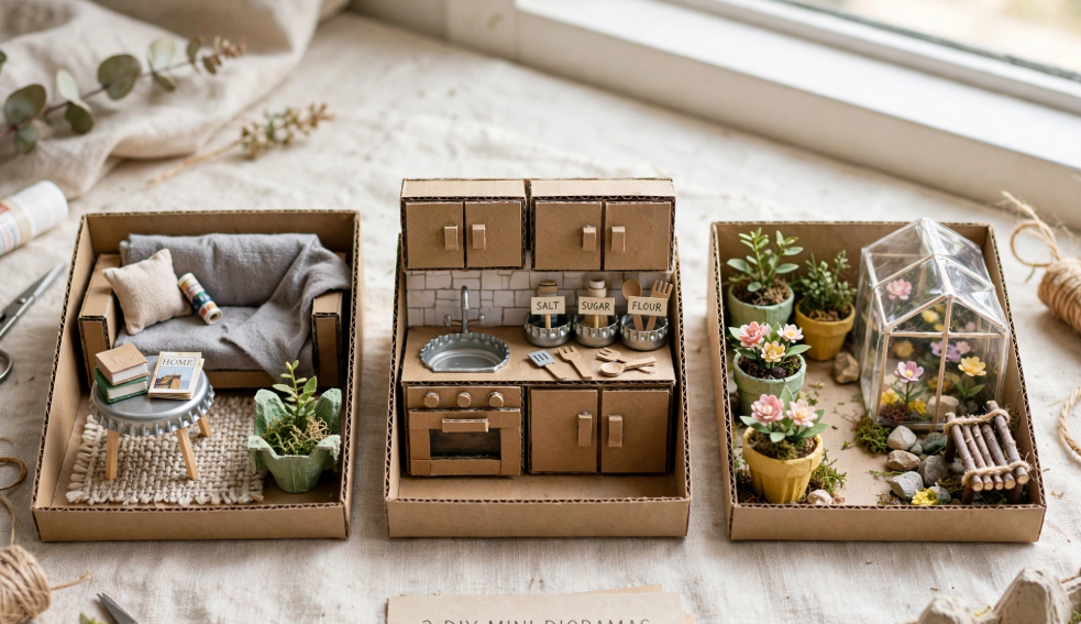 Three room-box dioramas showing miniature crafts from recycled materials, including a cardboard living room, a recycled kitchen with bottle-cap canisters and cardboard cabinets, and a tiny greenhouse garden scene.   