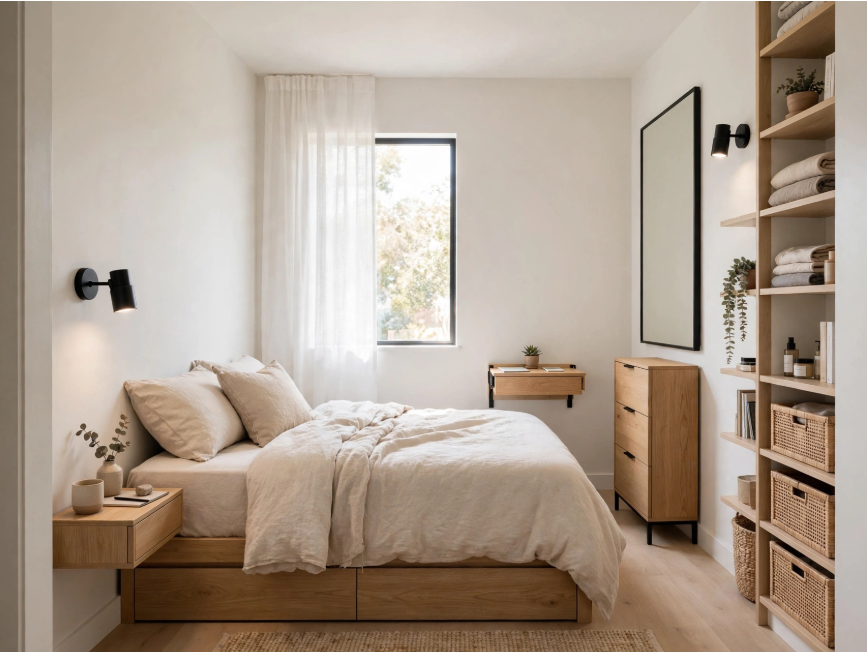 "Small bedroom layout with queen bed and dresser, featuring built-in under-bed storage drawers, light wood furniture, floating nightstands, and a tall open shelving unit."
