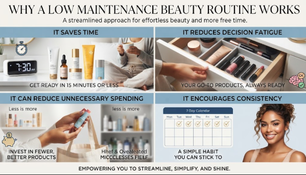 Low Maintenance Beauty Routine: A Simple 5-, 10-, and 15-Minute System An infographic titled 'WHY A LOW MAINTENANCE BEAUTY ROUTINE WORKS' highlighting four main benefits: time-saving morning routines, reduced decision fatigue with organized go-to products, less unnecessary spending through curated essentials, and consistent daily habits.