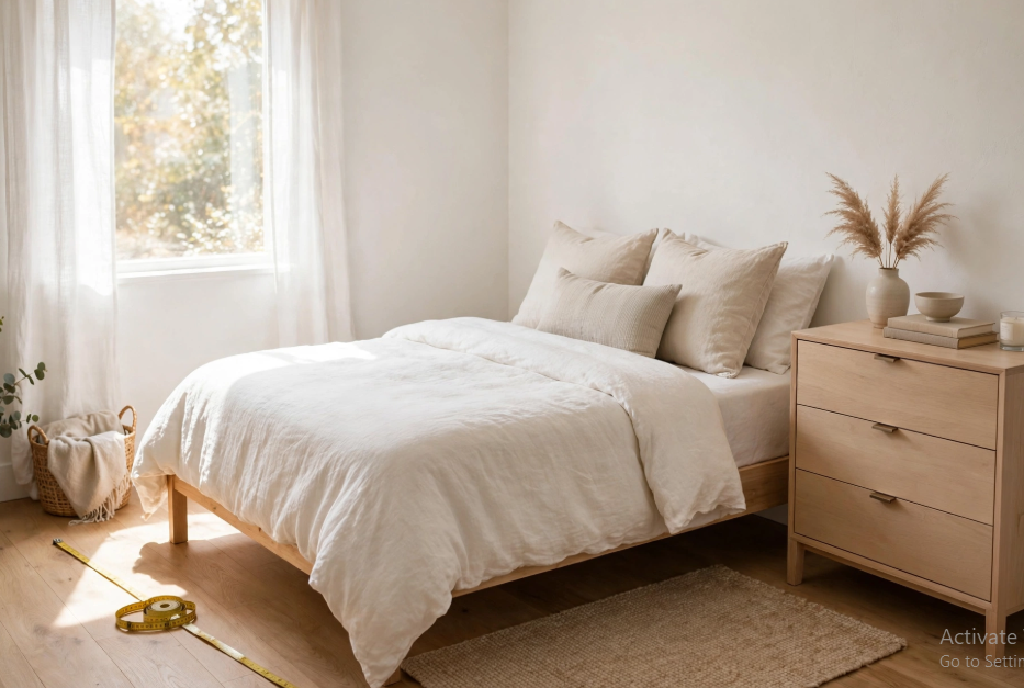 "Small bedroom layout with queen bed and dresser, featuring a minimalist light-wood bed frame with white linen bedding placed beside a matching three-drawer dresser near a bright window."   