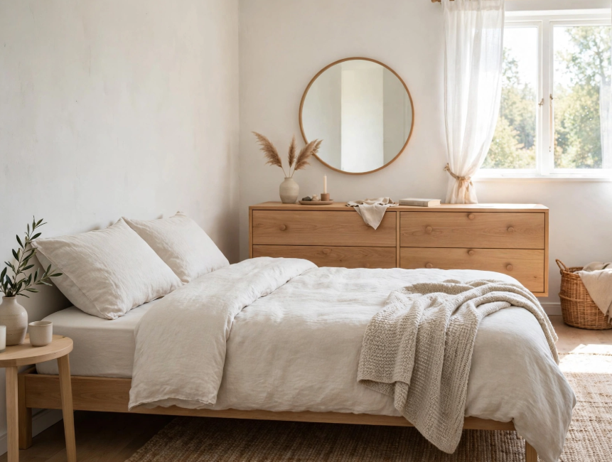"Small bedroom layout with queen bed and dresser, featuring a low platform wooden bed, a wide double dresser, and a round wall mirror under bright window light."   