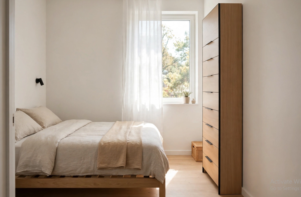 "Small bedroom layout with queen bed and dresser, featuring a narrow space with a wooden platform bed and a tall, vertical chest of drawers against the wall."   