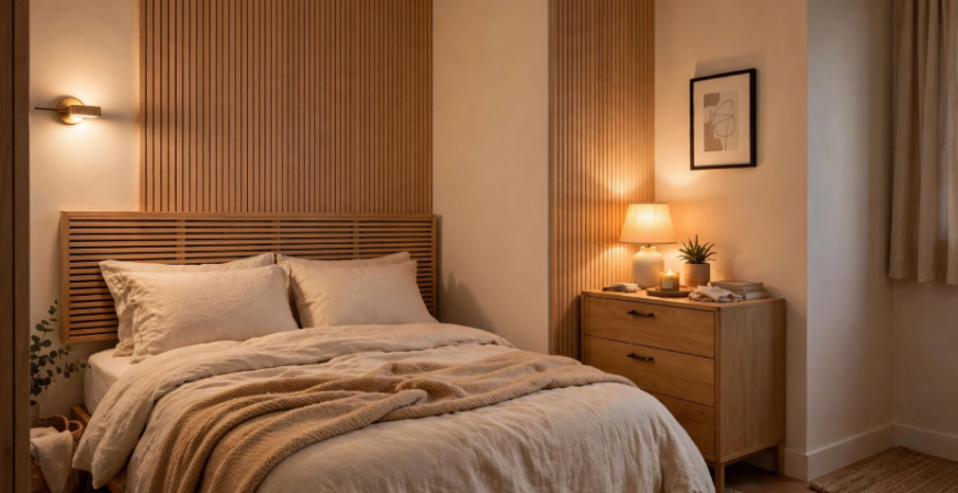 Small Bedroom Layout With Queen Bed and Dresser: Smart Space-Saving Ideas "Small bedroom layout with queen bed and dresser, featuring built-in bed storage drawers, terracotta bedding, floating bedside shelves, and a corner compact vanity desk with a floor mirror."