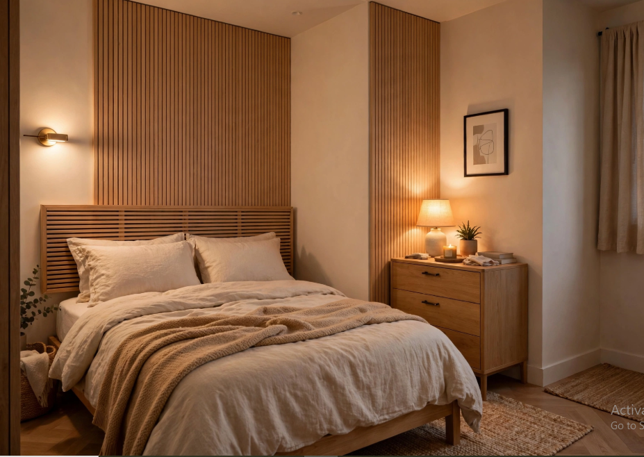 "Small bedroom layout with queen bed and dresser, featuring built-in bed storage drawers, terracotta bedding, floating bedside shelves, and a corner compact vanity desk with a floor mirror."