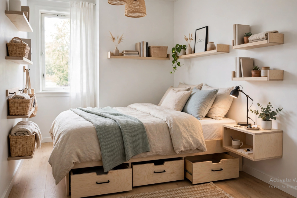 "Small bedroom layout with queen bed and built-in dresser drawers underneath, featuring wall-mounted floating shelves, woven baskets, and a floating bedside cube table."   