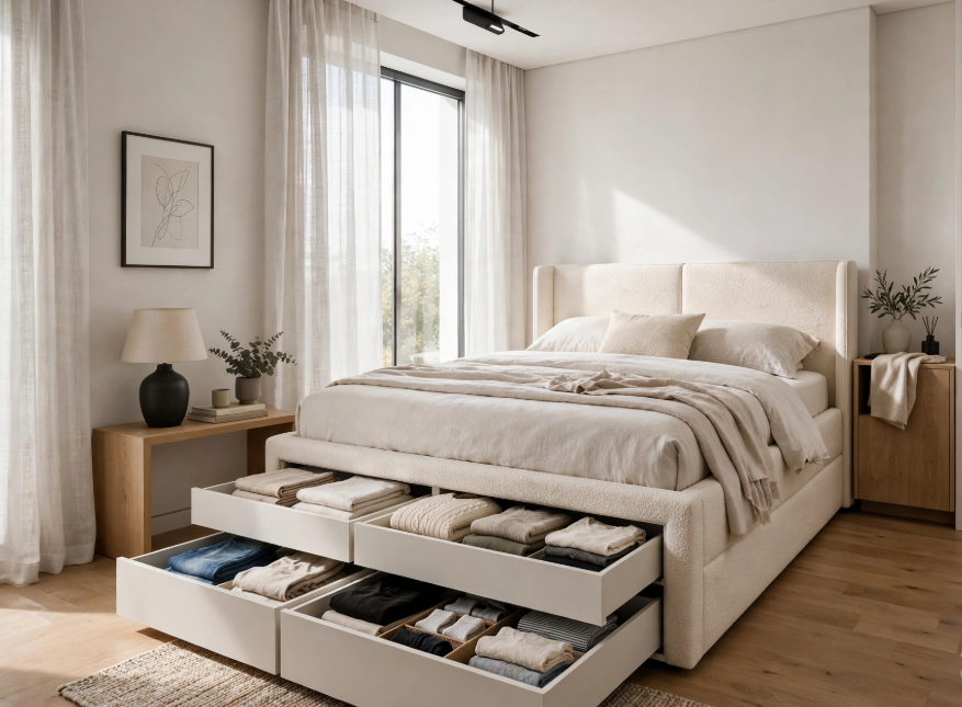 "Small bedroom layout with queen bed and dresser storage, featuring an upholstered platform bed with pull-out under-bed organizer drawers, a slender wooden console table, and a compact nightstand dresser."   