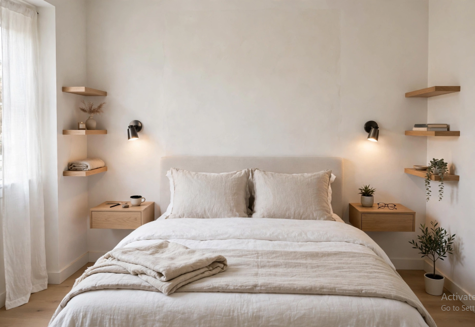 "Small bedroom layout with queen bed and floating nightstand dressers, featuring symmetrical wooden corner wall shelves, black mounted sconces, and soft beige linen bedding."   