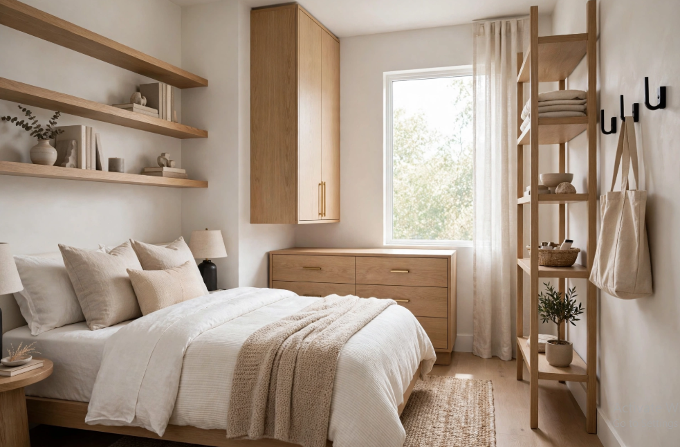 "Small bedroom layout with queen bed and dresser, featuring a four-drawer natural wood chest under the window, floating wall shelves, and an open ladder shelving unit."   