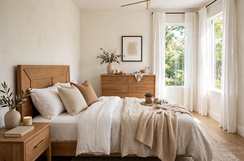 "Small bedroom layout with queen bed and dresser, featuring a warm medium-tone wooden headboard, a matching six-drawer dresser, cozy neutral bedding, and bright outdoor views through tall windows."   