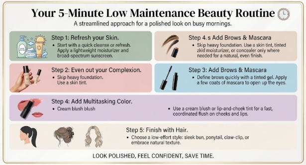 Low Maintenance Beauty Routine: A Simple 5-, 10-, and 15-Minute System An infographic titled "Your 5-Minute Low Maintenance Beauty Routine" detailing five steps: Refreshing skin with a quick cleanse and moisturizer, evening the complexion with a skin tint, defining brows and adding mascara, using multitasking cream color, and finishing with a simple hairstyle.