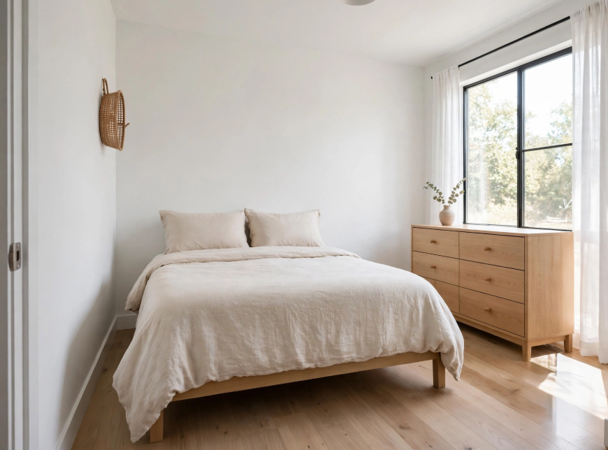 "Small bedroom layout with queen bed and dresser, featuring a minimalist light-oak platform bed with linen bedding and a wide six-drawer dresser under a black-framed window."   