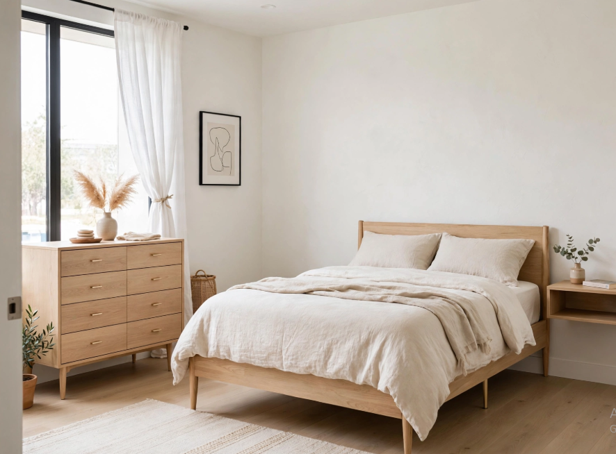 "Small bedroom layout with queen bed and dresser, featuring a tapered-leg wooden platform bed, a matching six-drawer chest beside a tall window, and warm neutral linen bedding."   
