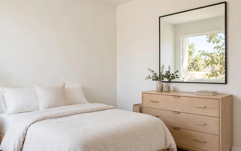 "Small bedroom layout with queen bed and dresser, featuring crisp white bedding, a light wood three-drawer dresser with brass pulls, and a large black-framed mirror reflecting a sunny window."   