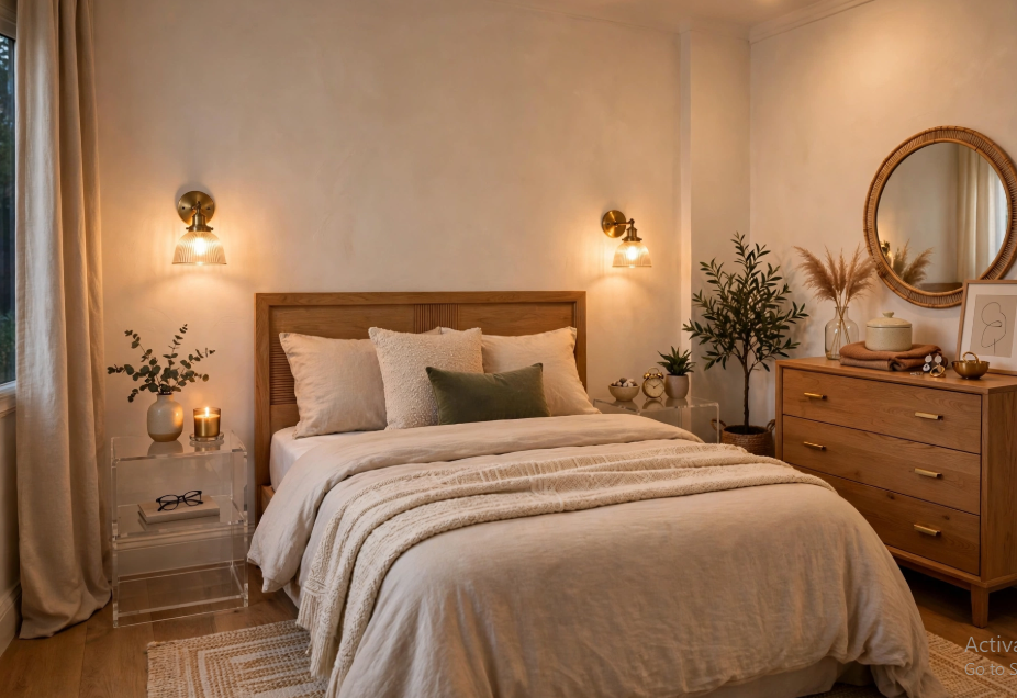 "Small bedroom layout with queen bed and dresser, featuring vintage brass wall sconces, clear acrylic nightstands, a natural wood dresser, and a round rattan wall mirror."   