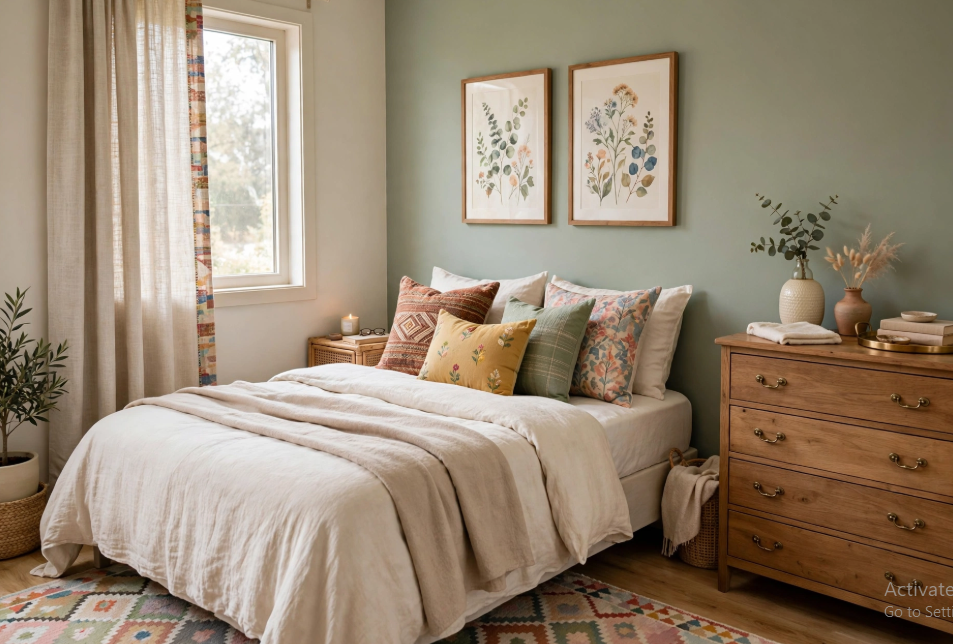 "Small bedroom layout with queen bed and dresser, featuring a sage green accent wall, framed botanical wall art, a warm wooden chest of drawers, and colorful patterned throw pillows."   