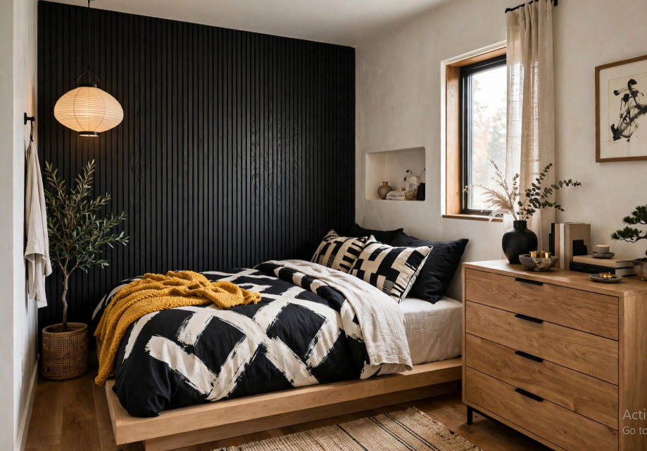 "Small bedroom layout with queen bed and dresser, featuring a black vertical slatted accent wall, a low wooden platform bed, patterned black-and-white bedding, and a light wood four-drawer chest."   
