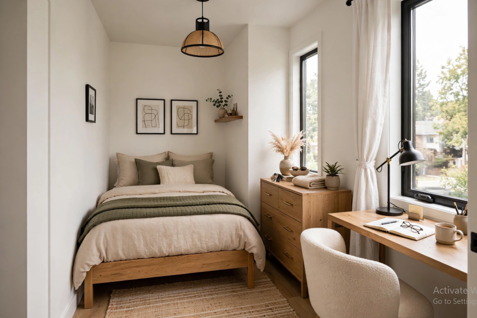 "Small bedroom layout with queen bed and dresser, featuring a bed tucked into an alcove, a light wood chest of drawers, and a built-in study desk with a curved accent chair under a bright window."   