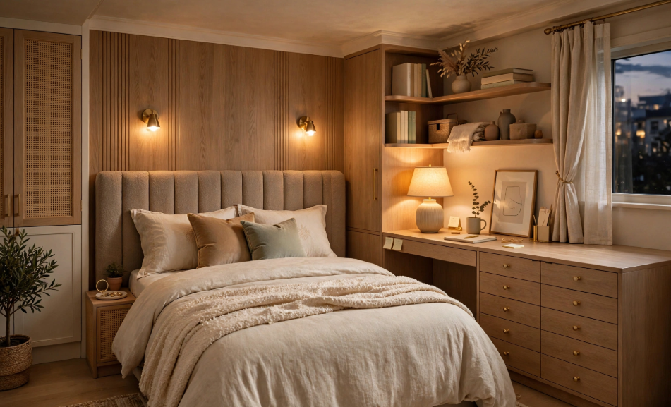 "Small bedroom layout with queen bed and dresser, featuring a channeled upholstered headboard, wood paneled accent wall, and a custom built-in dresser desk unit with open corner shelving."   