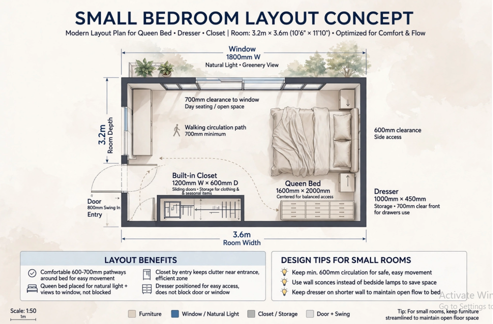 "Small bedroom layout with queen bed and dresser floor plan diagram showing room dimensions, walking clearance paths, window placement, and built-in closet storage."   